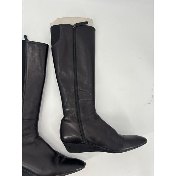 Prada Boots Womens 39 Black Leather Knee High Zip Up Wedge Elastic Nylon Panel - Picture 6 of 14